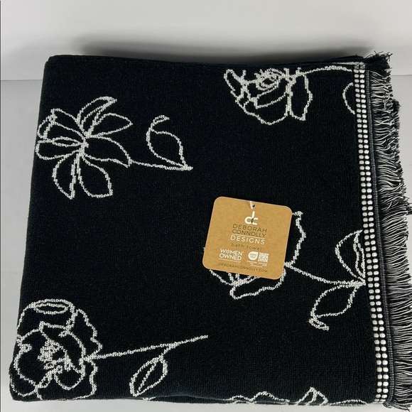 Deborah Connolly Bath Towel Set Floral Black White with Fringe Plush Cotton NEW - Picture 4 of 9